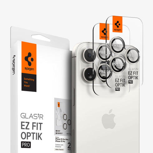 AGL07163 - iPhone 15 Pro / 15 Pro Max Optik Pro Lens Protector in natural titanium showing the device